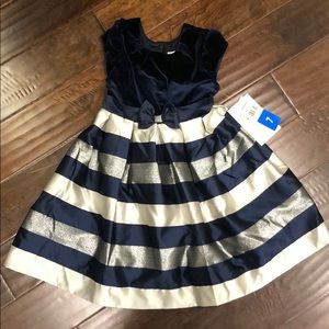 Girls Navy, white, & silver striped dress sz7 NWT